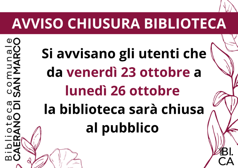 Avviso chiusura biblioteca 23-26 ottobre