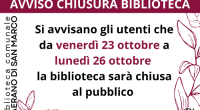 Avviso chiusura biblioteca 23-26 ottobre